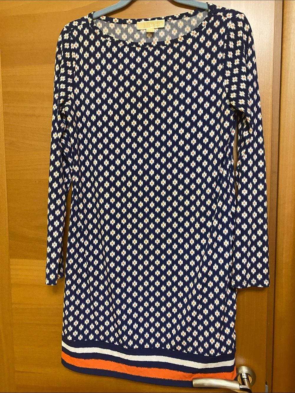 Michael Kors Navy Blue Printed Midi Dress with White and Orange Accents
